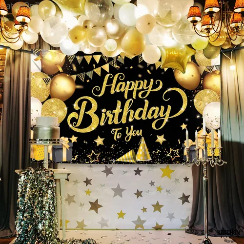 Miniatura 4 de KatchOn, Cartel de feliz cumpleaños negro y dorado, extragrande, 72 x 44 pulgadas, pancarta de fondo negro y dorado para decoraciones de feliz Azul