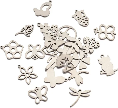 Miniatura 5 de Pandahall - Dijes de acero inoxidable surtidos de metal, estrella y luna, flor, animal para hacer pulseras, collares, aretes, Acero inoxidable