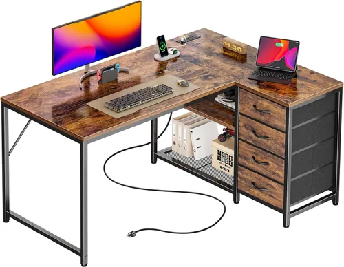 Miniatura 12 de PRAISUN Escritorio en forma de L de 53" con tomas de corriente y puerto USB-C, escritorio reversible de esquina para computadora de oficina con 4