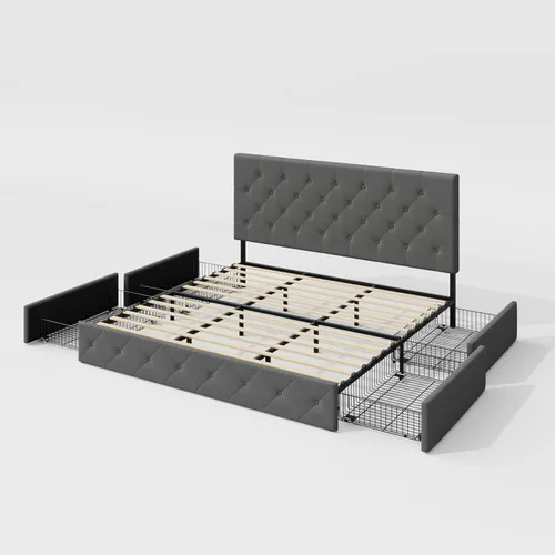 Miniatura 9 de Allewie - Base de cama con plataforma de tamaño King, tapizada, con 4 cajones de almacenamiento y cabecera, diseño cosido en forma de diamante