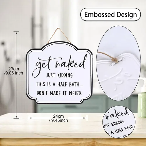Miniatura 2 de LIVDUCOT Cartel de lata de baño divertido con texto en inglés «Get Naked», letrero de metal esmaltado negro sobre blanco, cita vintage para baño