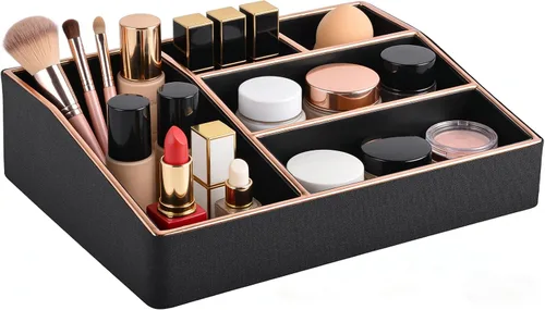 Miniatura 11 de Bandeja organizadora de maquillaje de piel sintética, organizador grande de tocador, caja de almacenamiento de cosméticos para pinceles de lápiz