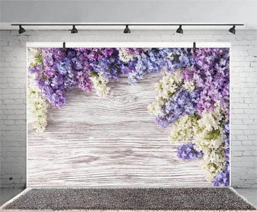 Miniatura 6 de Telones de fondo para fotografía de tablones de madera de 7 x 5 pies, flores moradas lilas, rústico, vintage, pared de madera para recién nacidos