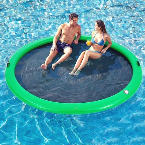 Miniatura 20 de 6-12FT Round Inflatable Floating Dock, Sunchill Float Ring, Water Hammock Tanning Pool Floats with Woven Fabric, Manual Pump for Quick Azul
