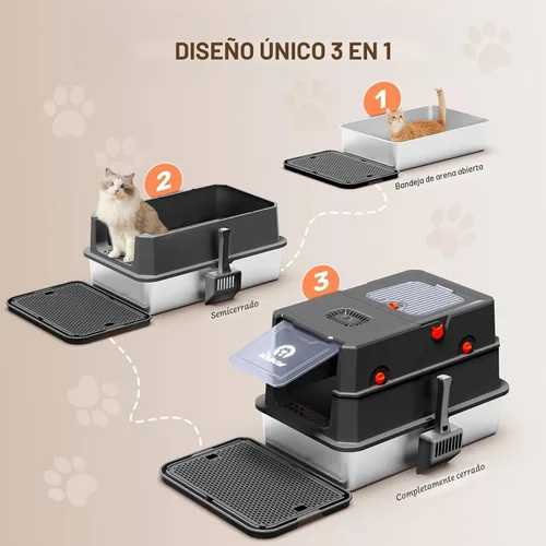 Miniatura 5 de Caja de arena de acero inoxidable con tapa, caja de arena metálica cerrada anti-fugas, bandeja de arena para gatos extra grande con tapa abatible
