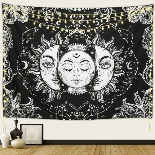 ARFBEAR Tapiz de sol y luna, sol ardiente con estrellas, psicodélico, popular tapiz místico para colgar en la pared, manta de playa en blanco y