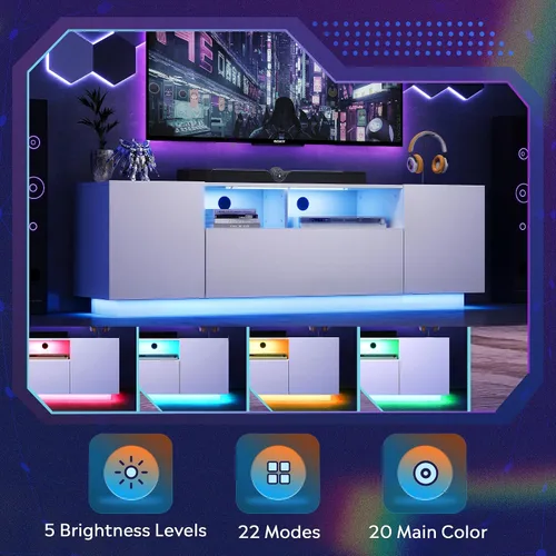 Miniatura 3 de WLIVE Moderno soporte de TV para TV de 65 pulgadas, centro de entretenimiento con estantes abiertos ajustables y luces LED RGB, consola multimedia