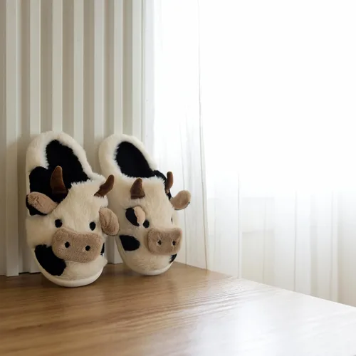 Miniatura 6 de Pantuflas de vaca, pantuflas para mujeres y hombres, bonitas pantuflas mullidas, pantuflas kawaii de dibujos animados de algodón de felpa