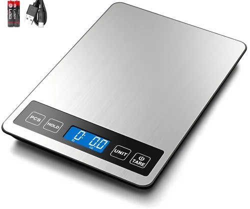 Miniatura 8 de Fuzion Báscula de alimentos, báscula de cocina de 1g/0.1 oz, gramos y onzas, 22 libras, 7 unidades, funciones de tara y temporizador, potencia