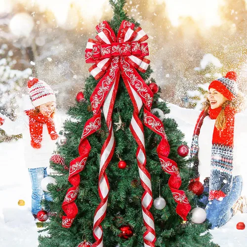 Miniatura 5 de Decoración para Árbol de Navidad, Lazo para Corona Navideña, 52 * 13 pulgadas, Adorno Grande con Patrón de Muletas para Decoración de Árbol