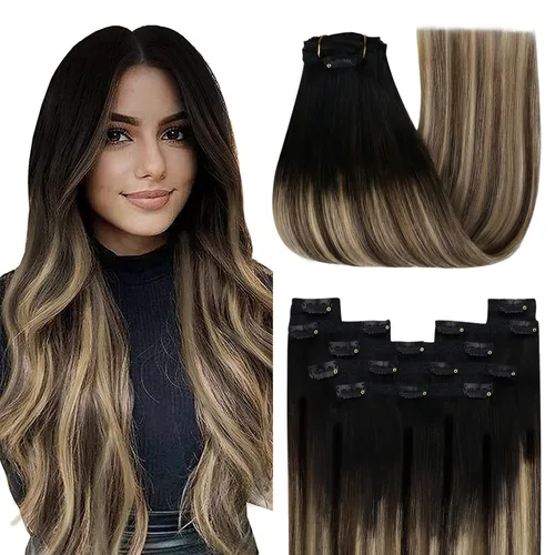 YoungSee Extensiones de cabello humano real con clip, de 20 pulgadas, color negro a marrón con rubio, extensiones de cabello Remy lacio, añade