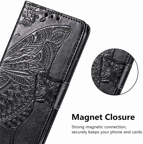 Miniatura 4 de Funda para Samsung Galaxy A14 5G, Samsung A14 5G, piel sintética de alta calidad con diseño de flor de mariposa en relieve, función atril, ranuras