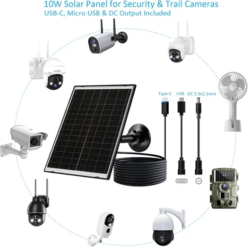 Miniatura 5 de Zivif Panel solar para cámara de seguridad, cargador solar de 7 W con puerto micro USB y USB-C, panel solar USB C impermeable IP65 para cámaras