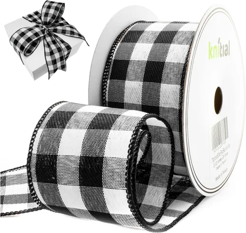 Miniatura 7 de Cinta de cuadros de 2-1/2" x 25 yardas, cinta a cuadros de búfalo con alambre, en blanco y negro, para envolver regalos, manualidades y decoraciones
