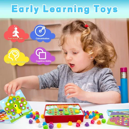 Miniatura 6 de Juguetes artísticos de botón para niños de 3 a 5 años, juguetes educativos de aprendizaje temprano, tablero de clavijas de mosaico a juego