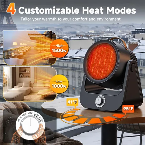 Miniatura 5 de Calentador eléctrico de cerámica PTC de 1500 W para exteriores, calefacción 1S de 250 pies cuadrados, 4 modos, calentadores de patio 3D verticales