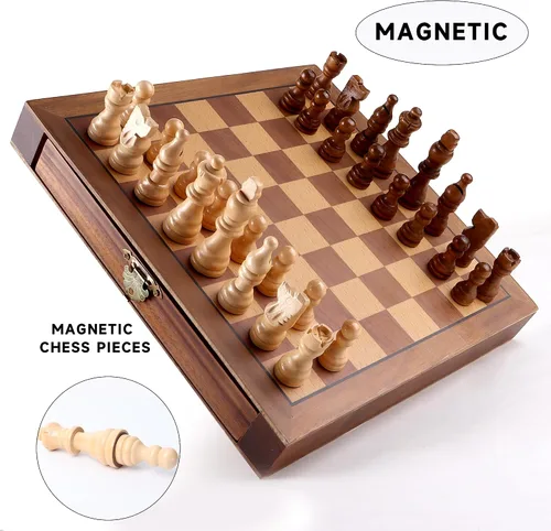 Miniatura 4 de GSE Games & Sports Expert Juego de ajedrez magnético de 10 pulgadas, juego de mesa de ajedrez de madera con cajones, juego de mesa de viaje portátil