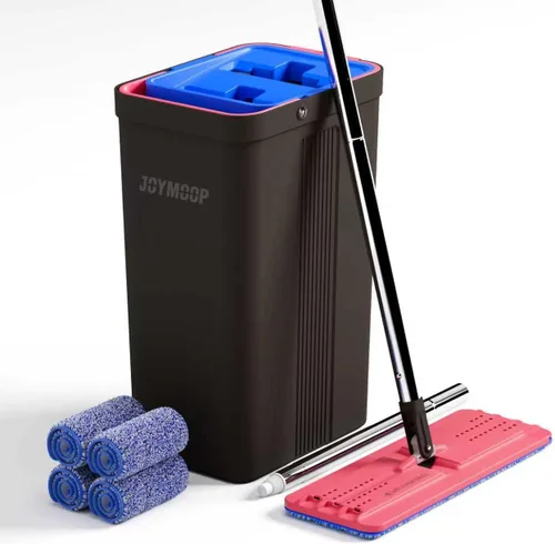 JOYMOOP Juego de trapeador y cubeta con escurridor, trapeador plano sin manos y cubeta, con 4 almohadillas lavables de microfibra, uso húmedo y Negro