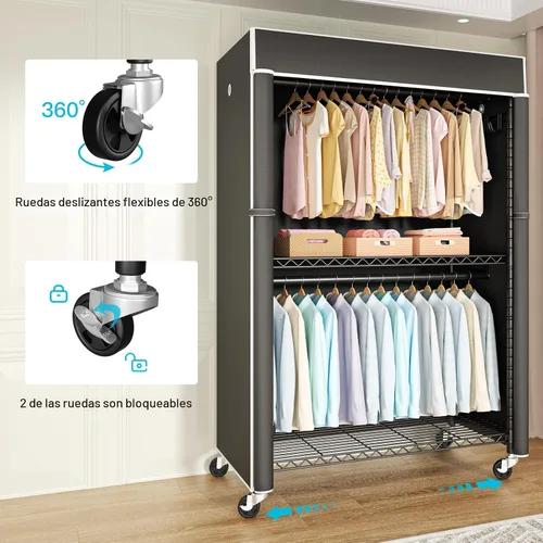 Miniatura 2 de FUTASSI Perchero negro con cubierta negra, armario con ruedas P1C Plus, perchero de metal para colgar ropa, armario de almacenamiento de ropa, 46