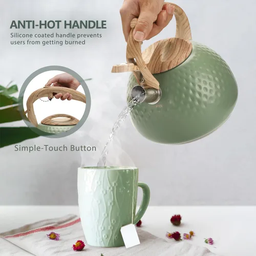 Miniatura 8 de Tetera de Harriet para estufa, tetera de 2.5QT con silbato de 5 capas en la parte inferior, tetera de acero inoxidable de grado alimenticio con Verde