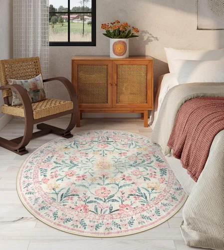 Miniatura 3 de Lahome - Alfombra redonda bóhema de color rosa claro de 4 pies, alfombras pequeñas circulares lavables para dormitorio de niños, alfombra circular