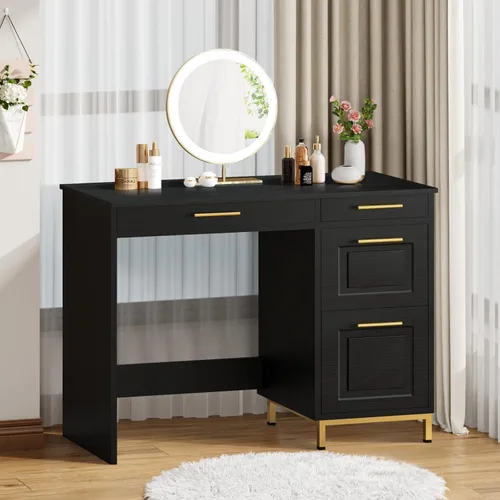 Miniatura 7 de 4 EVER WINNER Escritorio negro con cajones, modernos escritorios de oficina en casa con asas y cajones dorados, mesa de computadora para espacios