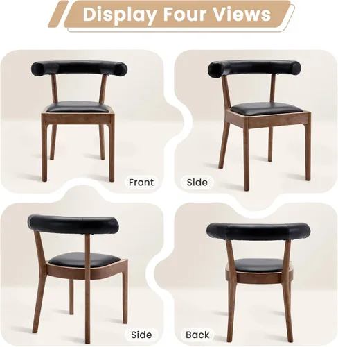 Miniatura 8 de Kmax Sillas de comedor de mediados de siglo modernas sillas de cocina de cuero con marco acabado de nogal natural, respaldo curvado de poliuretano