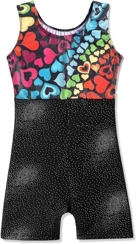 Miniatura 2 de Leotardo de gimnasia con shorts para niñas, sin mangas, para ciclismo, diseños de mariposas, flores, con brillo, color negro con rosa (Hotpink Black)