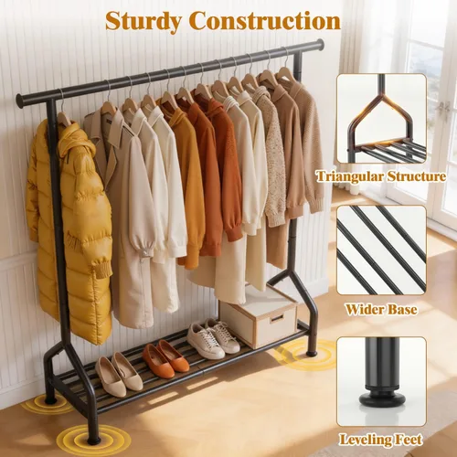 Miniatura 4 de EAGMAK Percheros resistentes con estante, perchero de metal con patas niveladoras para colgar ropa, perchero independiente para dormitorio, Negro