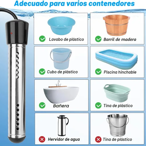 Miniatura 5 de Calentador de agua de inmersión de 2000W, calentador de agua eléctrico portátil con protección de 304 S S y termómetro LCD, calentador de balde