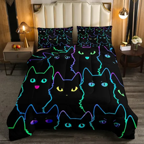 Miniatura 5 de Erosebridal Edredón de Gatos Lindos para Niños con Líneas de Arcoíris Neón, Juego de Ropa de Cama Individual para Niñas, Niños y Adolescentes, Gatos