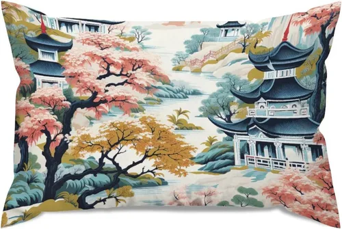 Miniatura 66 de ArogGeld Funda de almohada blanca con flores chinoiserie, funda de almohada para sofá, diseño floral verde y blanco, funda de almohada de lino A-12