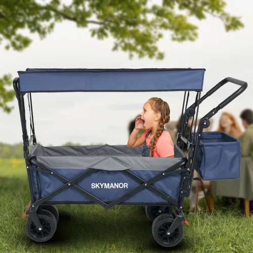 Miniatura 8 de SKYMANOR - Carro plegable con toldo extraíble, carrito de jardín 3 en 1 de alta resistencia con ruedas grandes para todo terreno, frenos, mango