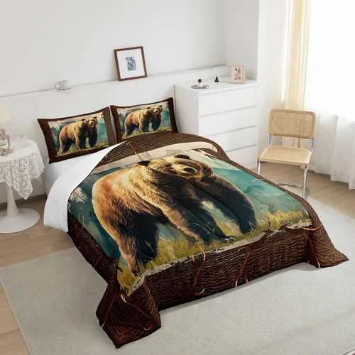 Miniatura 4 de Erosebridal Juego de ropa de cama de oso marrón, juego de edredón de animales de safari en el bosque, acuarela con relleno de edredón de vida