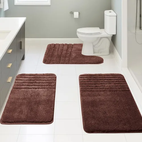Miniatura 17 de Juego de 3 alfombras de baño suaves y absorbentes, peludas, suaves, antideslizantes, para ducha, bañera y bañera, lavables a máquina