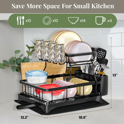 Miniatura 3 de DINEST Escurridor de platos de 2 niveles con escurridor, escurridor de platos de hierro resistente a la corrosión con boquilla giratoria de 270°