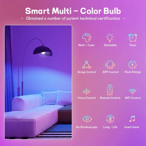 Miniatura 7 de Bombillas inteligentes, bombilla LED regulable que cambia a todo color, compatible con Alexa y Google Assistant, certificado UL FCC, WiFi de 2.4