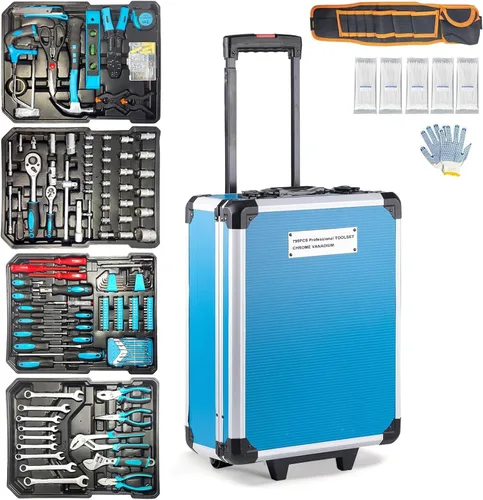 Arcwares Juego de herramientas de 799 piezas con maletín de aluminio en plata, juego de reparación para el hogar, juego de herramientas manuales Azul