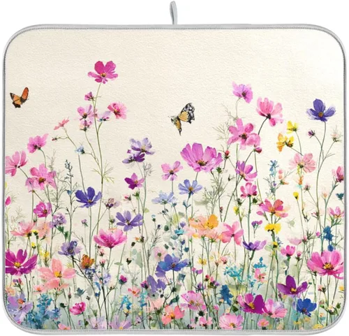 Miniatura 9 de Tapete de secado de platos de primavera naranja con flor de amapola para encimera de cocina, tapete escurridor absorbente de microfibra, tapete
