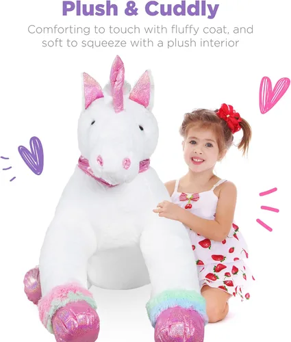 Miniatura 5 de Best Choice Products Unicornio de peluche extra grande de 52 pulgadas para niños, juguete de peluche de tamaño real con detalles de arcoíris, piel