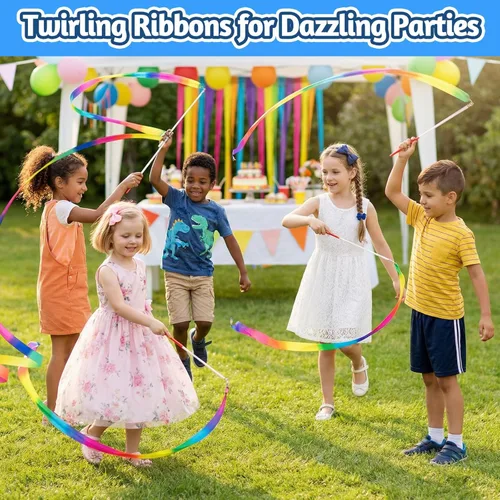 Miniatura 5 de Paquete de 20 varitas de baile de cinta para niños, cinta de baile arcoíris, suministros de decoración de fiesta de princesa, barra de cinta