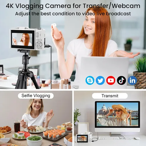 Miniatura 7 de Cámara digital 4K para fotografía, enfoque automático antivibraciones de 64 MP para YouTube, pantalla abatible de 180° de 3 pulgadas, cámara Blanco