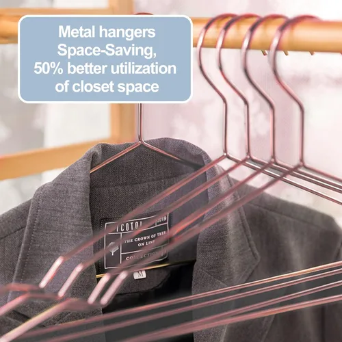Miniatura 6 de Paquete de 30 perchas de metal color oro rosa con muescas para perchas estándar para camisas, abrigos, pantalones, resistentes y ahorro de espacio