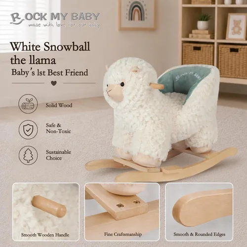 Miniatura 6 de Rock My Baby Caballo de madera con asiento para bebé, alpaca y llama, peluche con asiento para bebés de 1 a 3 años, juguete de balanceo de madera