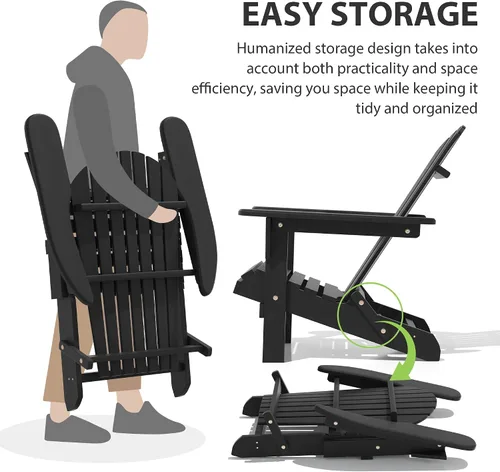 Miniatura 6 de Folding Adirondack Chair,Ergonomic Patio Wood Chairs with Wide Armrest,350LBS Weather Resistance Lawn Chair for Poolside,Outdoor Garden Lounge Black