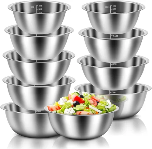 Juego de cuencos de mezcla anidables, paquete de 10 cuencos de acero inoxidable con marcas de escala, cuencos para hornear, juego de mezcla para