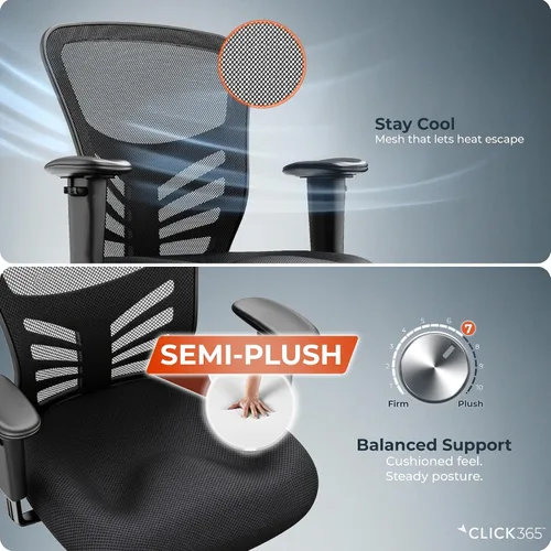 Miniatura 6 de Flow Silla de oficina de malla con respaldo medio, soporte lumbar, asiento acolchado extra negro