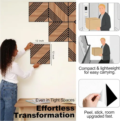 Miniatura 5 de Mollywell Paneles acústicos, decoración de grano de madera de PVC, azulejos de pared con patrón tallado de 12 x 12 pulgadas, autoadhesivos