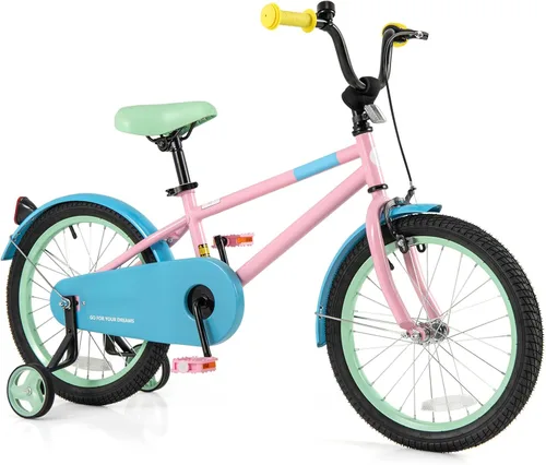 Miniatura 9 de BABY JOY Bicicleta infantil de macarones coloridos, de 12, 14, 16 y 18 pulgadas, bicicleta deportiva para niños con ruedas de entrenamiento