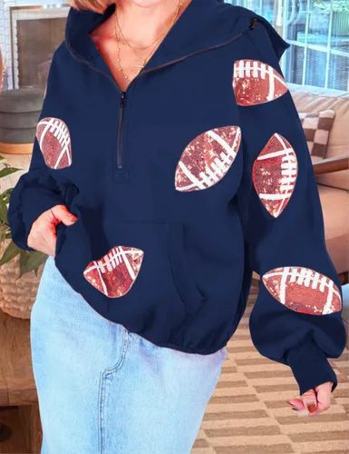 Miniatura 10 de SeekMe Sudaderas con capucha de lentejuelas para mujer, para el día del partido, suéteres de manga larga con cremallera y bolsillo